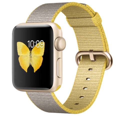 Apple Watch Series 2 38mm Gold Aluminum Yellow Light Gray Woven Nylon Band MNP32LL/A watch