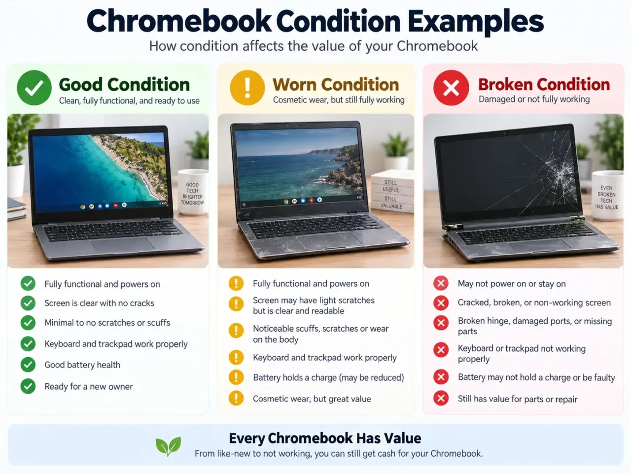Chromebook condition examples showing good, worn and broken laptops