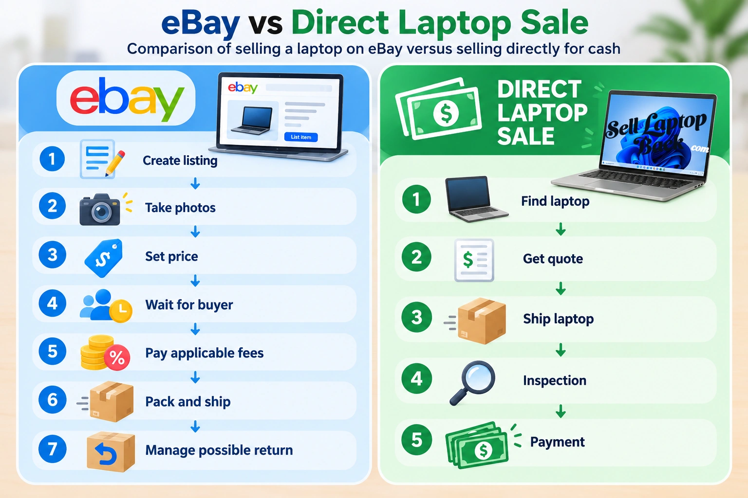 Comparison of selling a laptop on eBay versus selling directly for cash