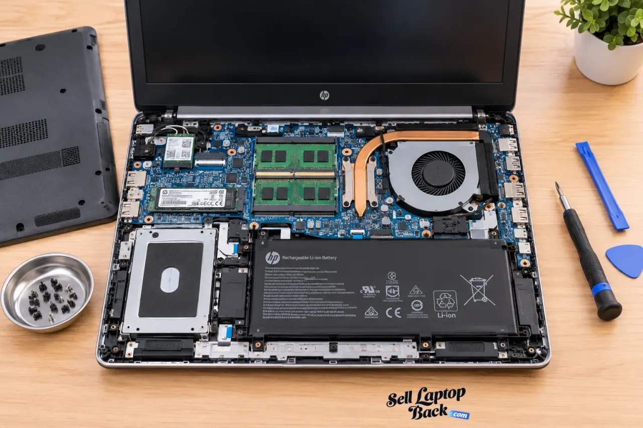HP 15 da0053wm laptop teardown showing internal components for repair and upgrade