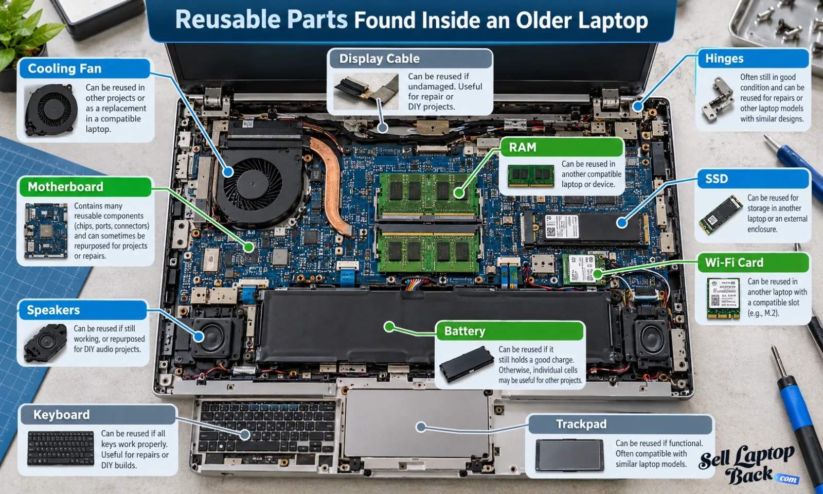 Reusable parts found inside an older laptop