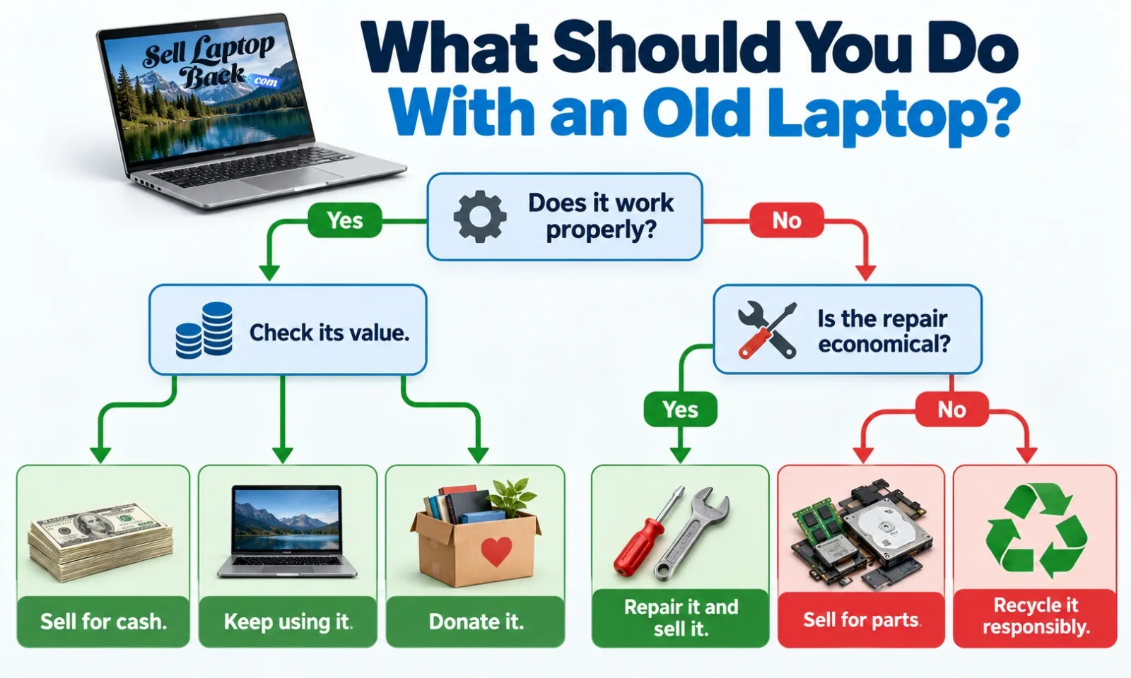 Options for an old laptop including selling repairing donating and recycling